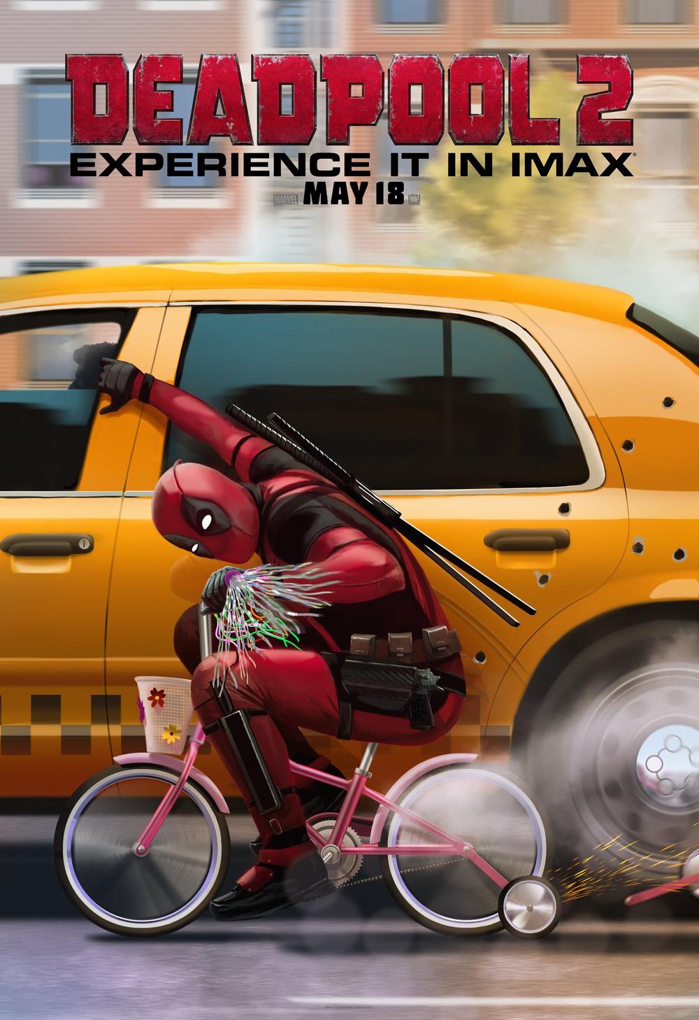 《死侍2》连发IMAX海报萌贱无敌 粉红小车骑上街 漫天下起便当雨(图2)